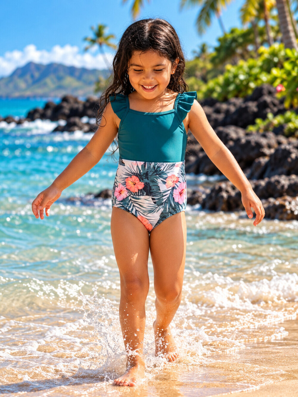 Girls Teal One-Piece Swimsuit Floral Print Bottom Ruffle Straps Beach